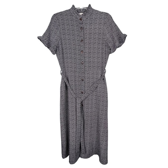 Black & White Polka Dot Dress Size Large Ruffle Neck & Sleeves Button Up & Belt - Picture 11 of 11